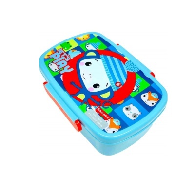 Estojo escolar azul com decoração colorida e texto VISIT PLAY