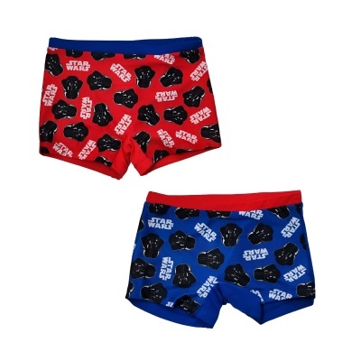 Dois calções de banho infantis Star Wars vermelhos e azuis com padrão de Darth Vader.