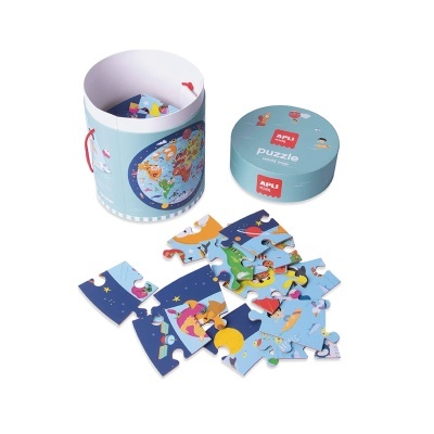 Puzzle infantil colorido com embalagem cilíndrica azul da APLI Kids