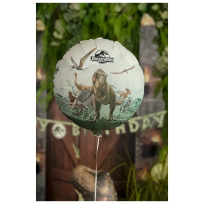 Balão redondo metalizado com dinossauros e logótipo Jurassic World