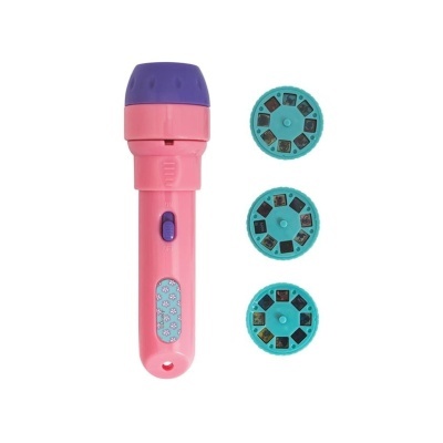 Projetor infantil rosa com três discos azuis para projeção