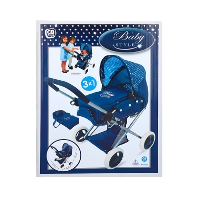 Pacote de carrinho de boneca azul com padrão de estrelas brancas e texto Baby STYLE