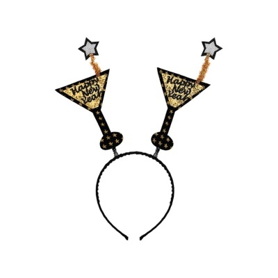 Arco de cabeça com decoração Happy New Year com taças de cocktail e estrelas em fundo branco