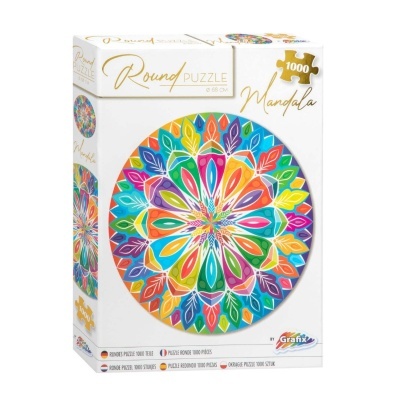 Embalagem branca de puzzle redondo com mandala colorida e texto dourado