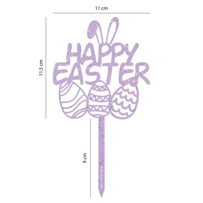 Decoração roxa para bolo com texto Happy Easter e ovos de Páscoa