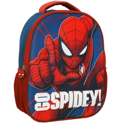 Mochila azul e vermelha com imagem do Homem-Aranha e texto SPIDEY!