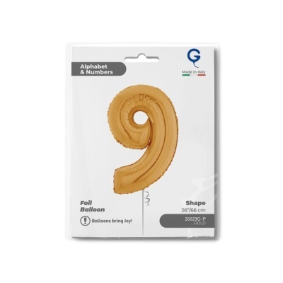 Balão dourado número 9 em embalagem branca com texto em inglês