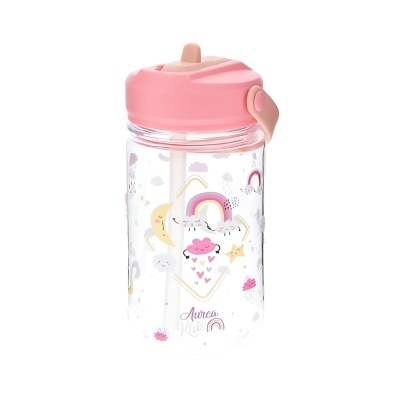 Garrafa infantil transparente com tampa rosa e decoração colorida infantil.