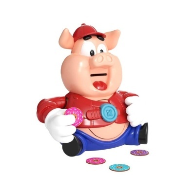 Figura de porco a segurar donuts coloridos