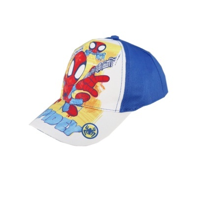 Boné infantil azul e branco com estampa do Homem-Aranha e texto spider