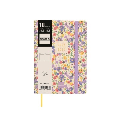 agenda floral com elástico lilás e etiqueta com marca Finocam e datas 2025-2027