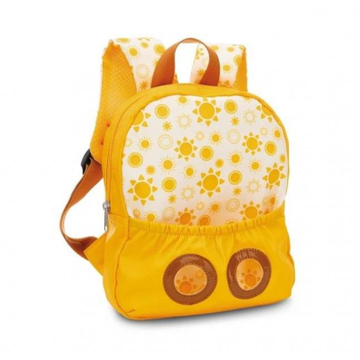 Mochila infantil amarelo e branco com padrão de sóis