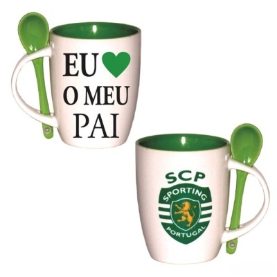 Duas chávenas de café para pai com colher verde e emblema Sporting Portugal