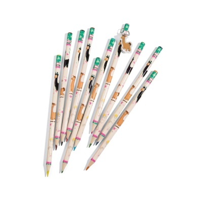 Lápis de cor com desenhos de lhamas em fundo branco