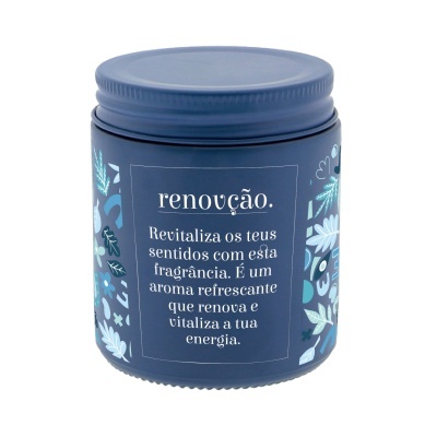 Frasco azul com tampa, texto em português e decoração floral azul e branca