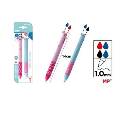 Conjunto de 2 canetas coloridas ponta 1.0 mm rosa e azul com padrão de bolhas e unicórnio