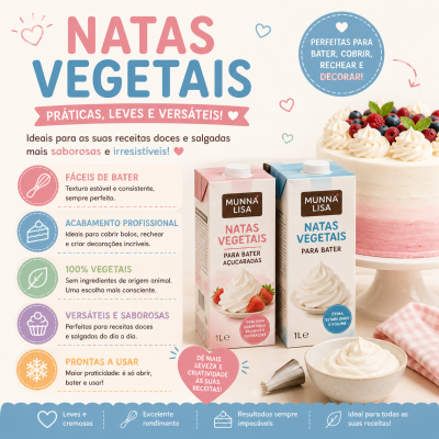 Embalagens de natas vegetais Munna Lisa rosa e azul junto a bolo decorado e natas batidas.