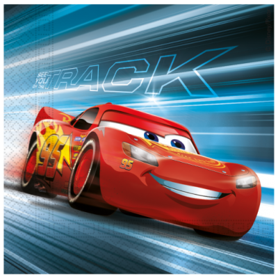 Carro vermelho animado Lightning McQueen com número 95 numa pista com texto SEE YOU ON THE TRACK.