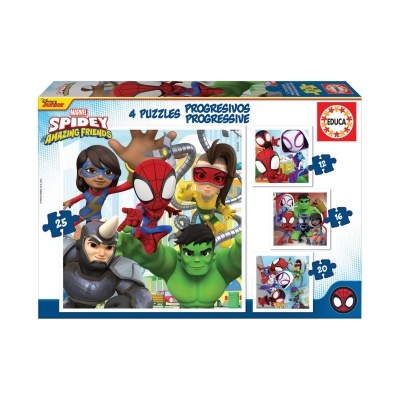 Caixa de 4 puzzles progressivos Marvel Spidey Amazing Friends com personagens coloridos e logo EDUCA