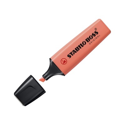 Marca-texto rosa STABILO BOSS ORIGINAL com tampa preta retirada.