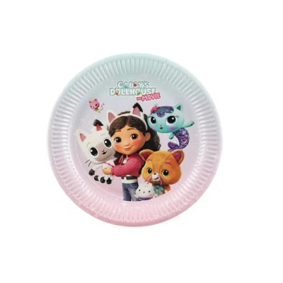 Prato de papel branco com personagens do filme Gabbys Dollhouse
