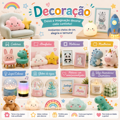 Decoração infantil colorida com cadeiras, almofadas, molduras, mealheiros, luzes, globos de água, molduras personalizadas e velas decorativas.