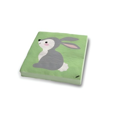 Guardanapo de papel verde com coelho cinzento desenhado