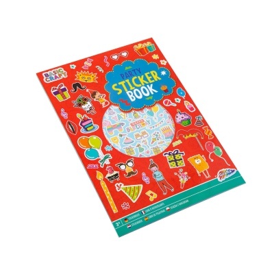 Livro de autocolantes com tema festa, capa vermelha colorida