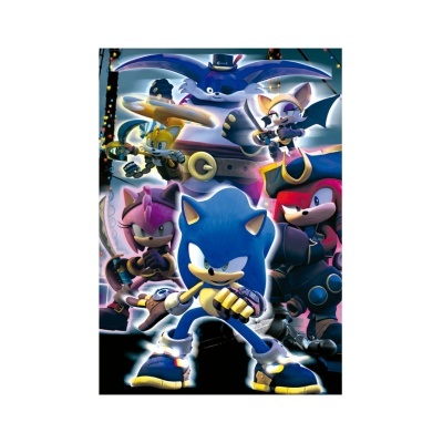 Personagens animados do Sonic em destaque com fundo futurista e luzes coloridas