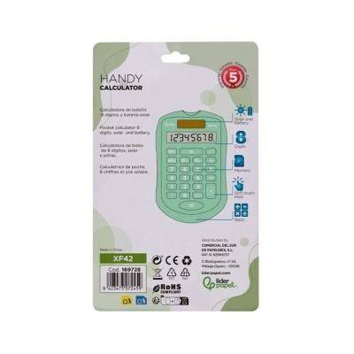Calculadora de bolso verde com 8 dígitos e bateria solar na embalagem