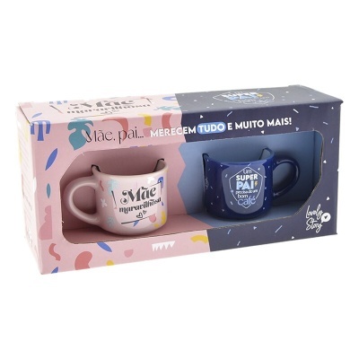 Conjunto de duas canecas rosa e azul em embalagem para presente