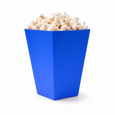 Caixa azul com pipocas brancas