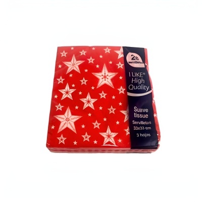 Pacote vermelho de guardanapos com estrelas brancas e rótulo azul escuro