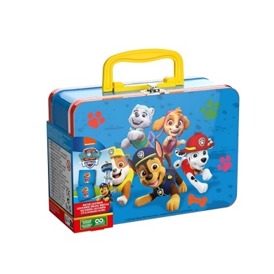 Mala infantil azul com personagens da Patrulha Pata e pega amarela