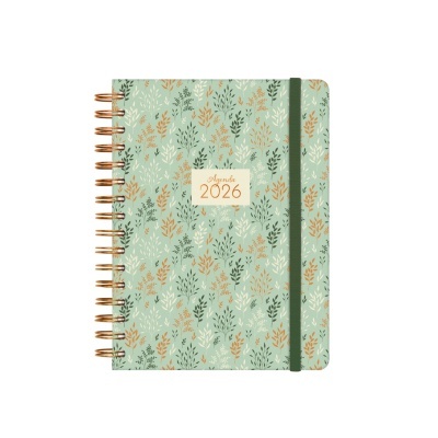 Agenda verde decorada com folhas e marca 2026