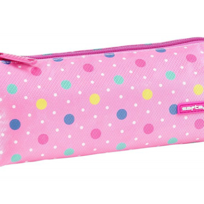 Estojo cor-de-rosa com bolinhas coloridas e fecho de correr rosa