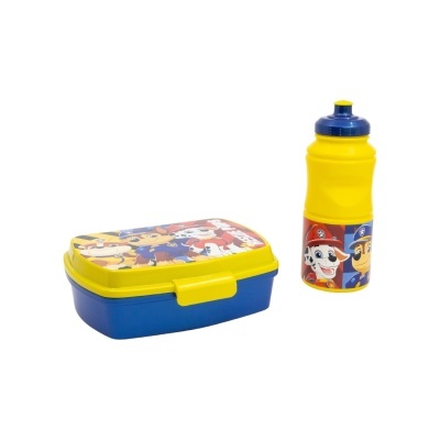 Conjunto lancheira e garrafa amarelo e azul com imagens da Patrulha Pata