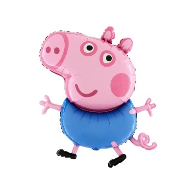 Balão metalizado rosa em forma de porco com corpo azul