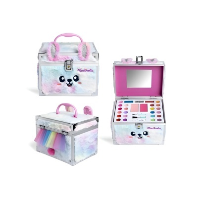 Caixa de maquilhagem infantil branca com pêlo falso, detalhes cor-de-rosa e orelhas de coelho, com interior rosa e paleta de maquilhagem.