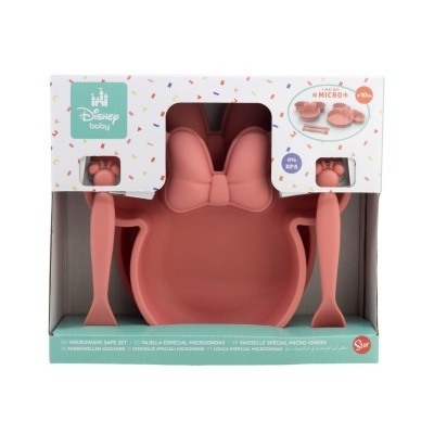 Conjunto de alimentação Disney Baby silicone rosa com prato Minnie, colher e garfo em caixa branca com confetes