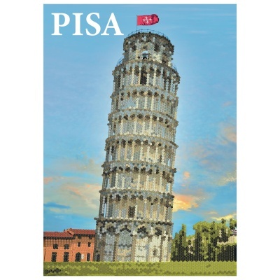 Torre de Pisa estilizada contra céu azul com texto PISA