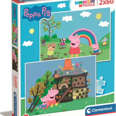 Caixa de puzzle Peppa Pig com duas imagens coloridas e texto