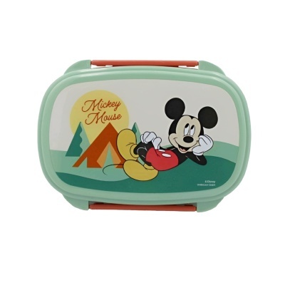 Marmita verde com fecho laranja e imagem do Mickey Mouse