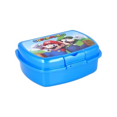 Caixa de plástico azul com tampa ilustrada com personagens Super Mario