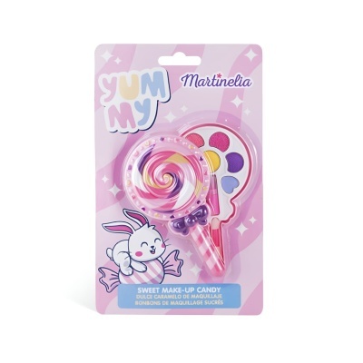 Kit de maquilhagem infantil em forma de pirulito cor-de-rosa com embalagem ilustrada