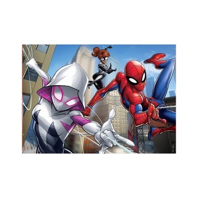 Pintura digital de super-heróis animados Homem-Aranha e outros em fundo urbano