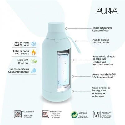 Garrafa térmica azul claro com isolamento a vácuo e tampa antiderrame