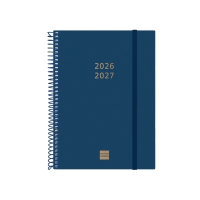 Agenda azul com espiral e elástico, com anos 2026 2027 e marca finocam