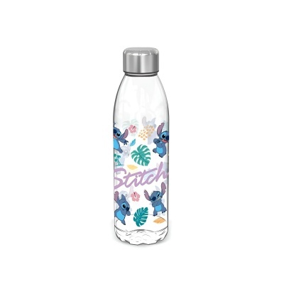 Garrafa de água decorada com desenhos do Stitch e folhas tropicais