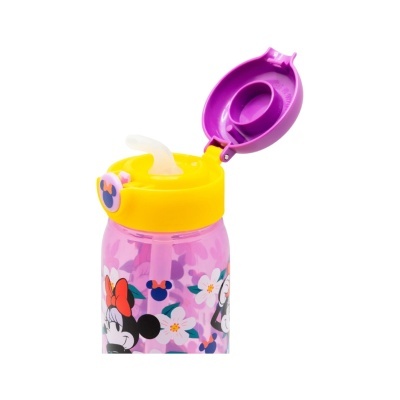Garrafa plástica transparente com decoração da Minnie e tampa colorida açabada